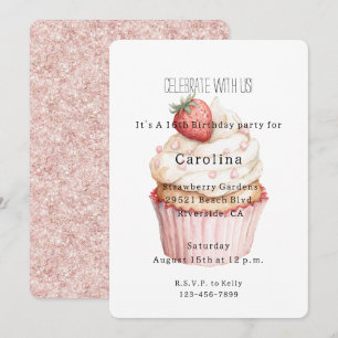 Invitation Gâteau anniversaire pailleté Cupcake cœurs roses f