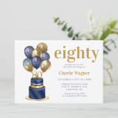 Invitation Gâteau avec ballons bleu marine pour 80e anniversa (Debout devant)