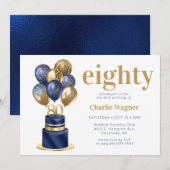 Invitation Gâteau avec ballons bleu marine pour 80e anniversa (Devant / Derrière)