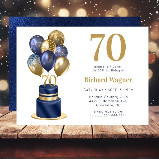 Invitation Gâteau avec ballons bleus pour 70e anniversaire