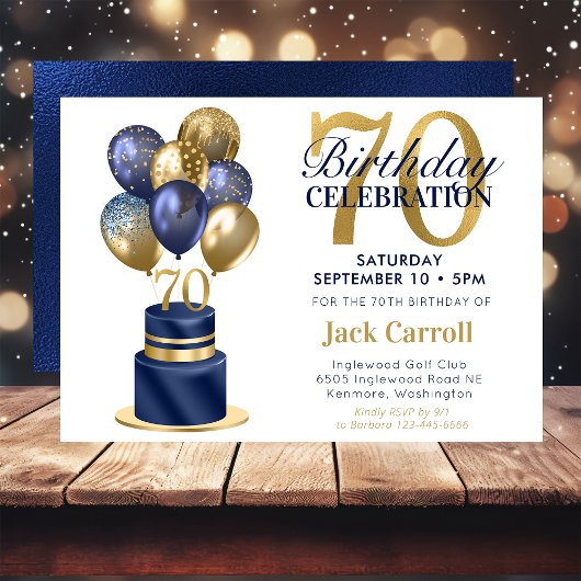 Invitation Gâteau avec ballons bleus pour 70e anniversaire