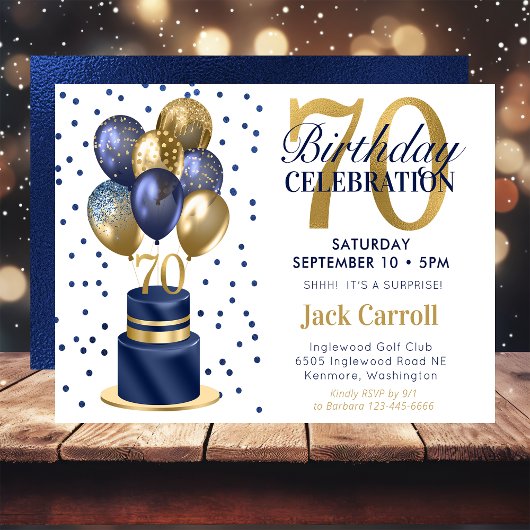 Invitation Gâteau avec ballons bleus pour 70e anniversaire