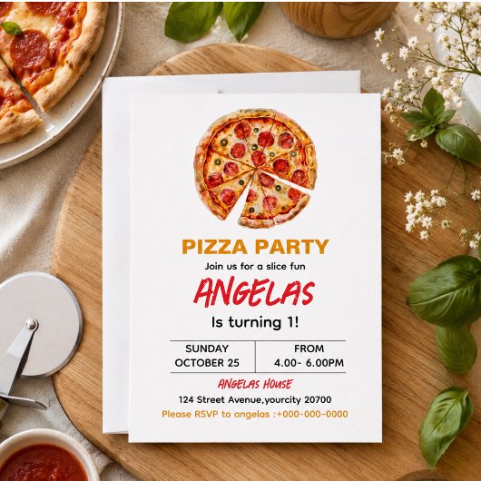 Invitation Gâteau bébé pizza Modern Slice pour 1er anniversai