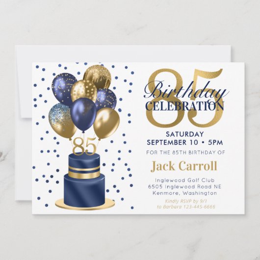 Invitation gâteau bleu marine pour 85e anniversair (Devant)
