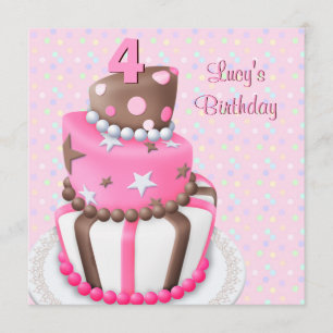 Invitation Gâteau Brun Rose Filles 4ème Anniversaire