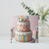 Invitation GÂTEAU COLORÉ À POINTS 1er ANNIVERSAIRE (Debout devant)