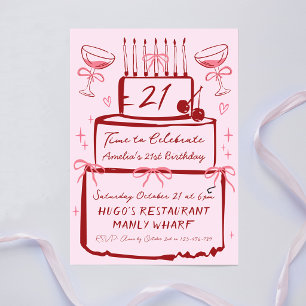 Invitation Gâteau contemporain rose dessiné à la main pour le