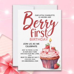 Invitation Gâteau Cupcake à la Fraise Berry First pour un 1er
