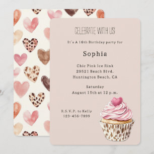 Invitation Gâteau Cupcake Léopard Rose Crème Anniversaire