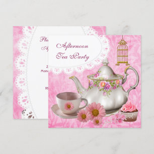 Invitation Gâteau Cupcake Thé à la Menthe Fleur Rose de la Pa