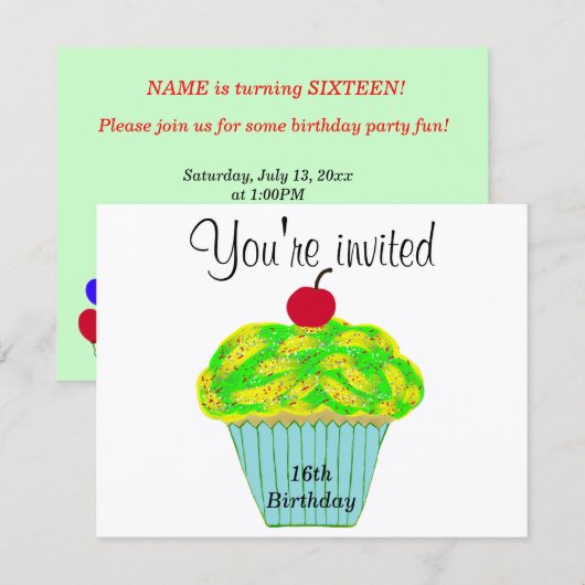 Invitation Gâteau cupcake vanille avec glaçage jaune et vert (Devant / Derrière)