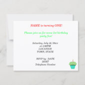 Invitation Gâteau cupcake vert pour 1er anniversaire Nom et A (Dos)