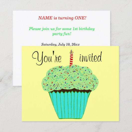 Invitation Gâteau cupcake vert pour 1er anniversaire Nom et A (Devant / Derrière)