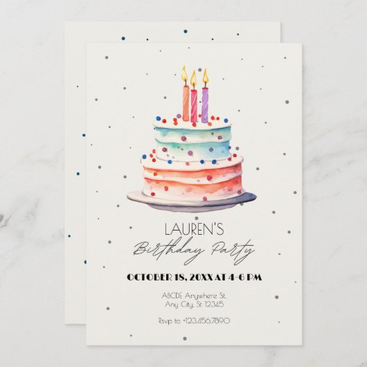 Invitation Gâteau d'anniversaire (Devant / Derrière)