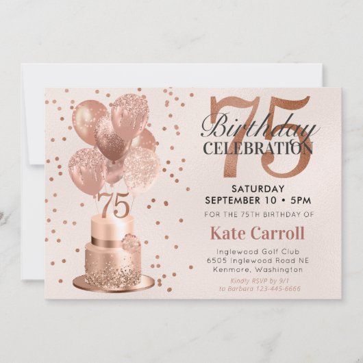 Invitation Gâteau d'anniversaire 75 ans en or rose (Devant)