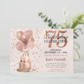 Invitation Gâteau d'anniversaire 75 ans en or rose (Debout devant)