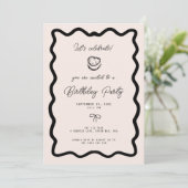 Invitation Gâteau d'anniversaire à bordure cursive à nœud fan (Debout devant)