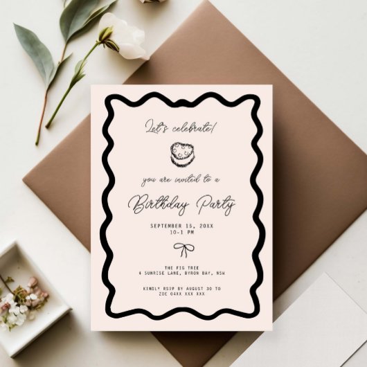 Invitation Gâteau d'anniversaire à bordure cursive à nœud fan