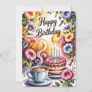 Invitation Gâteau d'anniversaire à l'aquarelle Tasse de café