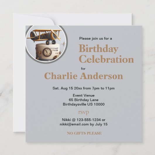 INVITATION GÂTEAU D'ANNIVERSAIRE À THÈME AVION D'ANNIVERSAIRE (Dos)
