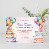 Invitation Gâteau d'anniversaire aquarelle coloré et ballons (Debout devant)