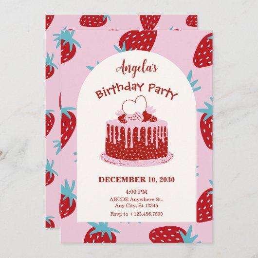 Invitation Gâteau d'anniversaire aux fraises (Devant / Derrière)