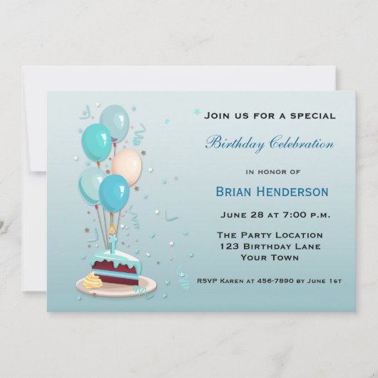 Invitation Gâteau d'anniversaire avec ballons (Devant)