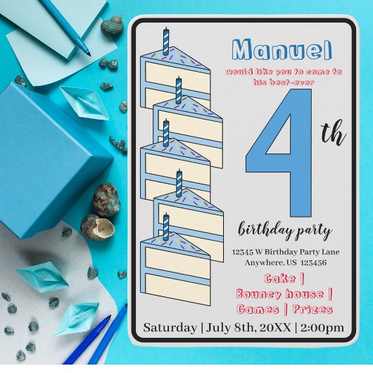 Invitation Gâteau d'anniversaire bleu 4e fête d'anniversaire