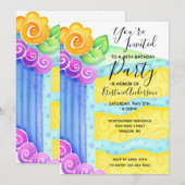 Invitation Gâteau d'anniversaire bleu jaune floral 40e fête (Devant / Derrière)