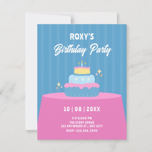 Invitation Gâteau d'anniversaire bleu rose (Devant)