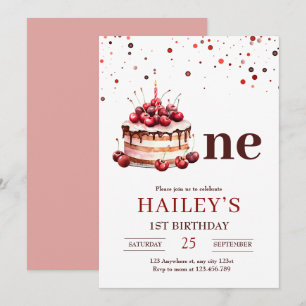 Invitation Gâteau d'anniversaire Cerise Enfants Minimaliste 1