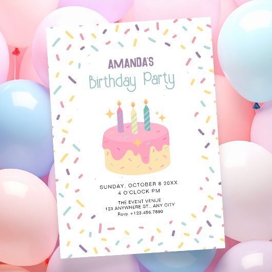 Invitation Gâteau d'anniversaire coloré amusant