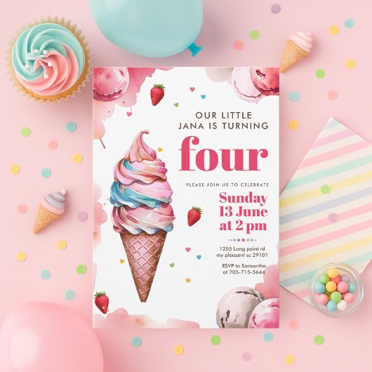 Invitation Gâteau d'anniversaire Cône de Glace Rose | Douce F