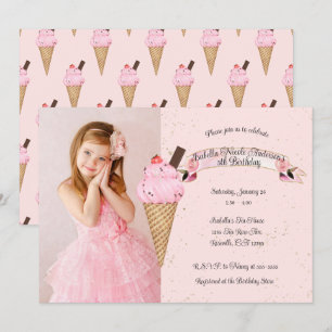 Invitation Gâteau d'anniversaire Cône de Glace Rose Photo