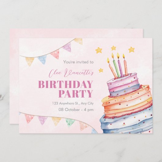 Invitation Gâteau d'anniversaire couleurs pastel (Devant / Derrière)
