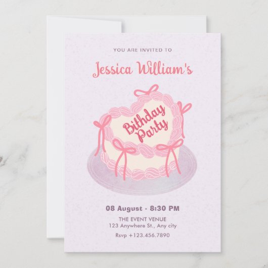 Invitation Gâteau d'anniversaire de coeur rose violet (Devant)