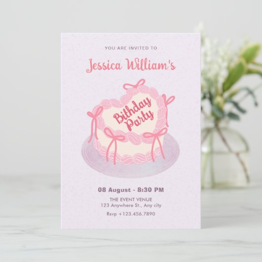 Invitation Gâteau d'anniversaire de coeur rose violet (Debout devant)