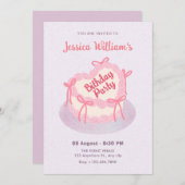 Invitation Gâteau d'anniversaire de coeur rose violet (Devant / Derrière)