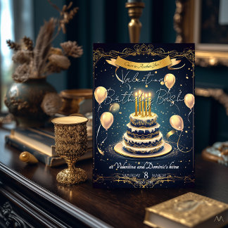 Invitation Gâteau d'anniversaire de luxe | Elegant Gold & Nav