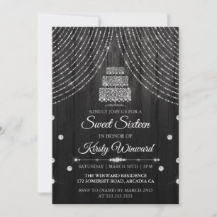Invitation Gâteau d'anniversaire diamant noir argenté Sweet 1
