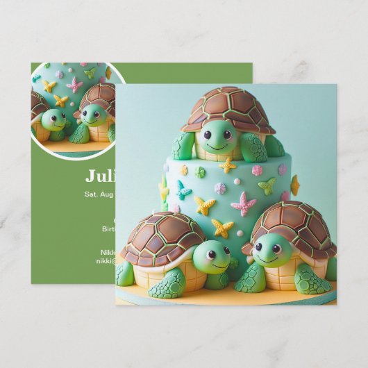 INVITATION GÂTEAU D'ANNIVERSAIRE FANCY TORTUE  (Devant / Derrière)