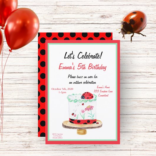 Invitation Gâteau d'anniversaire Ladybug aquarelle