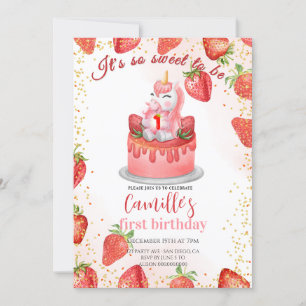 Invitation Gâteau d'anniversaire licorne mignonne aux fraises