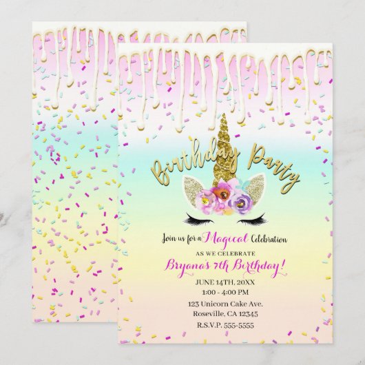 Invitation Gâteau d'anniversaire Licorne Pastel Arc-en-ciel G (Devant / Derrière)