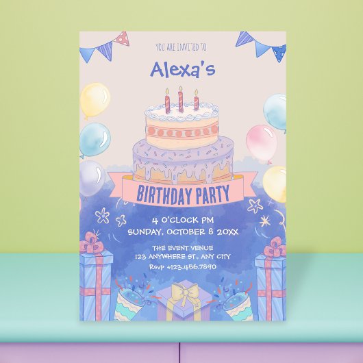 Invitation Gâteau d'anniversaire pastel violet