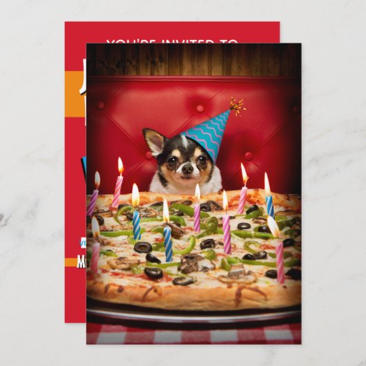 Invitation Gâteau d'anniversaire pizza Chihuahua (Devant / Derrière)