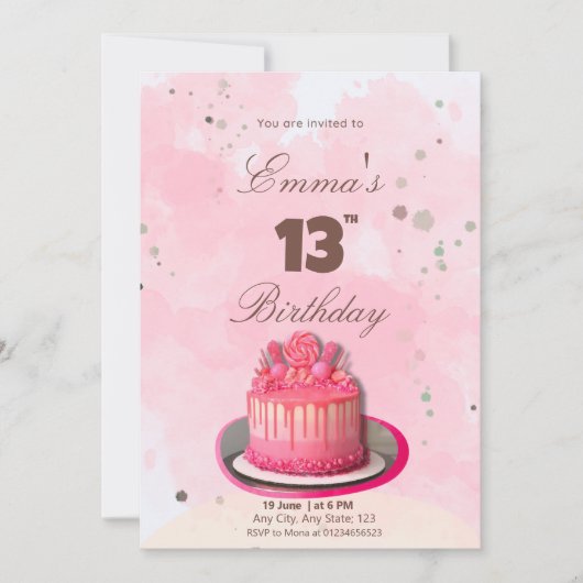 Invitation Gâteau d'anniversaire rose aquarelle (Devant)