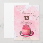 Invitation Gâteau d'anniversaire rose aquarelle (Devant / Derrière)