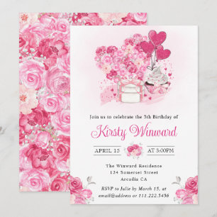 Invitation Gâteau d'anniversaire rose aquarelle et cœur flora