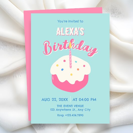 Invitation Gâteau d'anniversaire rose bleu